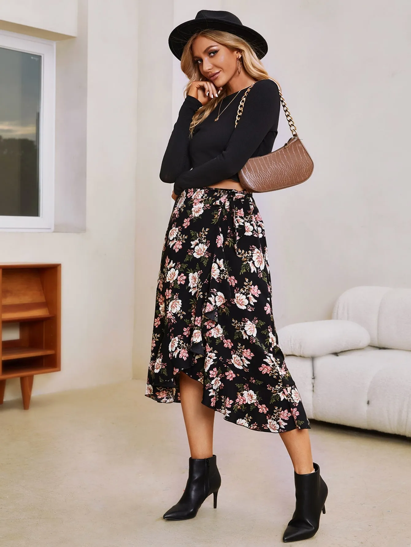 Boho Floral Ruffle Hem High Waist Midi Women Skirts