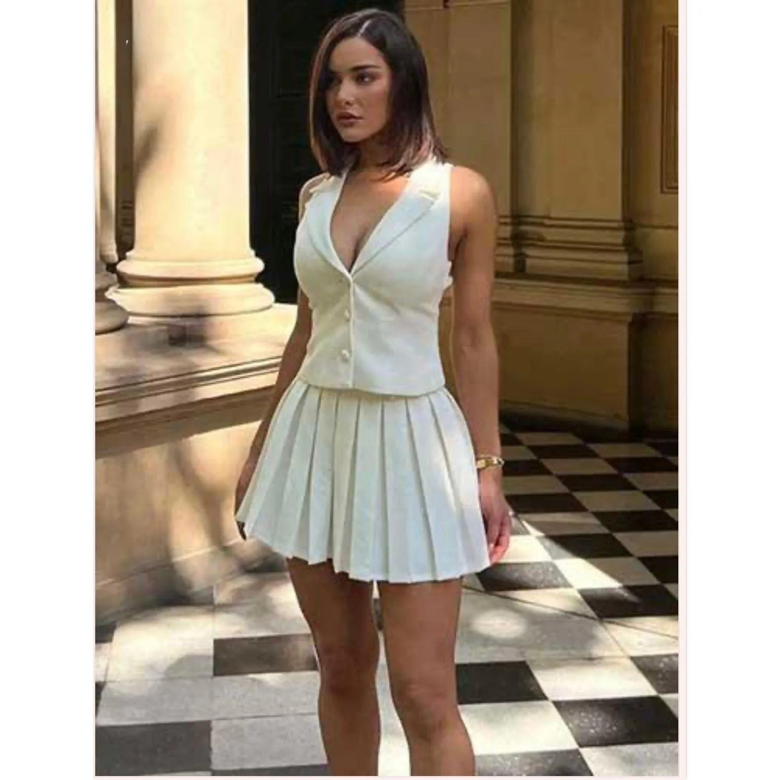V-Neck Blazer Vest Matching Sets and Mini Pleated Skirts.
